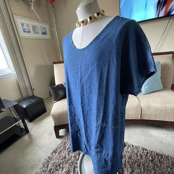 Women's XXL Denim Midi Dress Modest Country Western Short Sleeve Pockets Boho - Picture 8 of 12